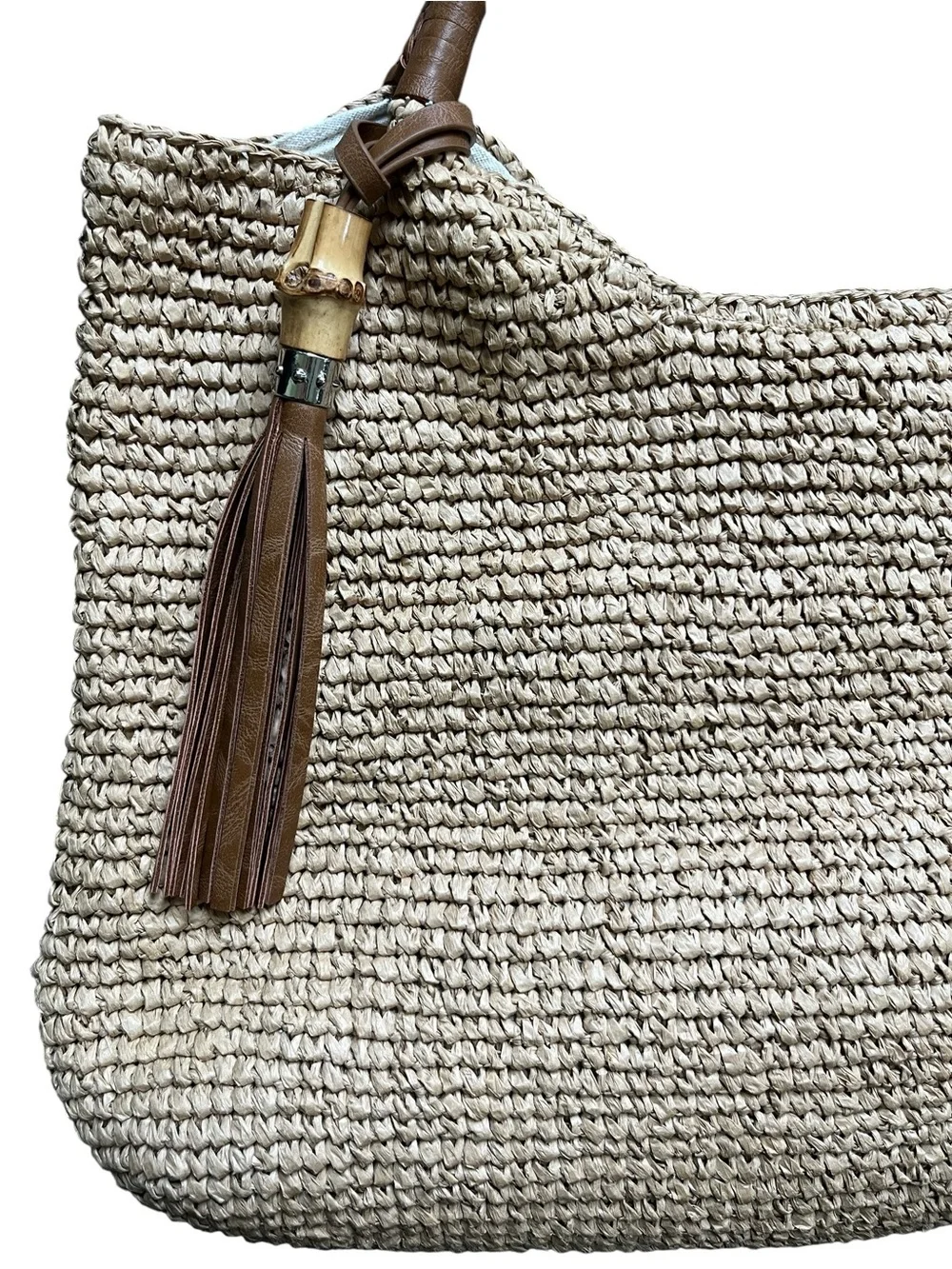 Tommy Bahama tan raffia straw hobo tote bag with linen lining